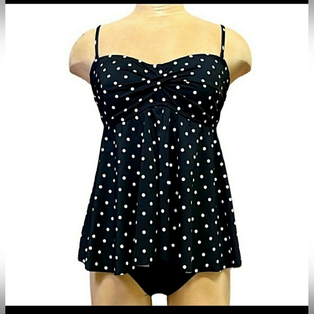 TROPICAL ESCAPE Black & White PolkaDot Flutter One Piece Swim Dress NEW!!!